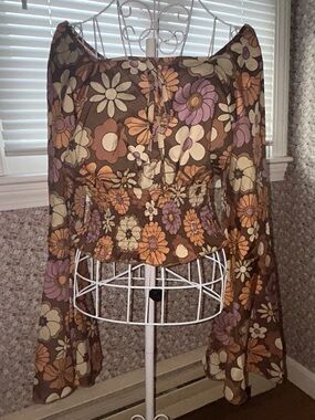 Brown Flower Power Bell Sleeve Crop Top